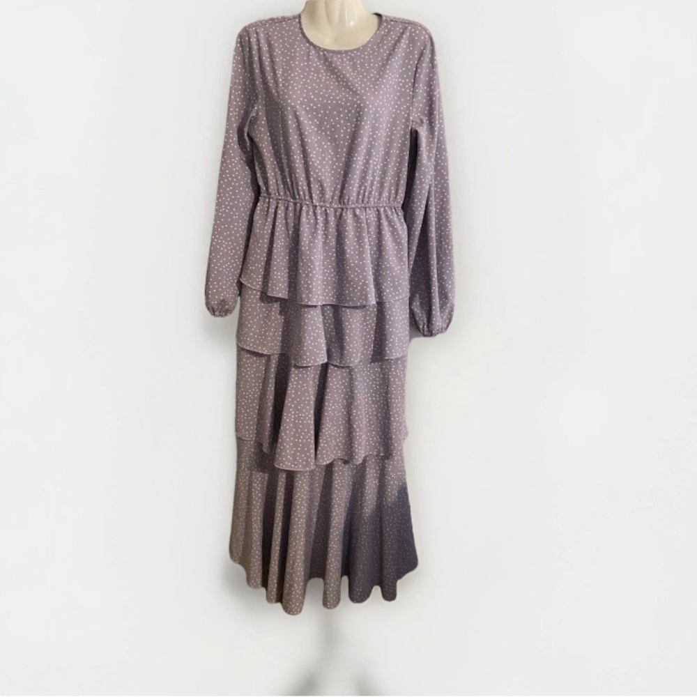 Shein S cottage purple polka dot tiered long modest maxi dress